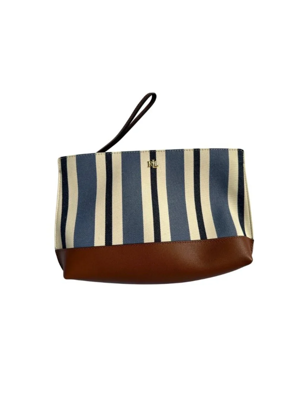 NWT Lauren Ralph Lauren Striped Canvas Leather Pouch Satchel Blue/Tan Size OS